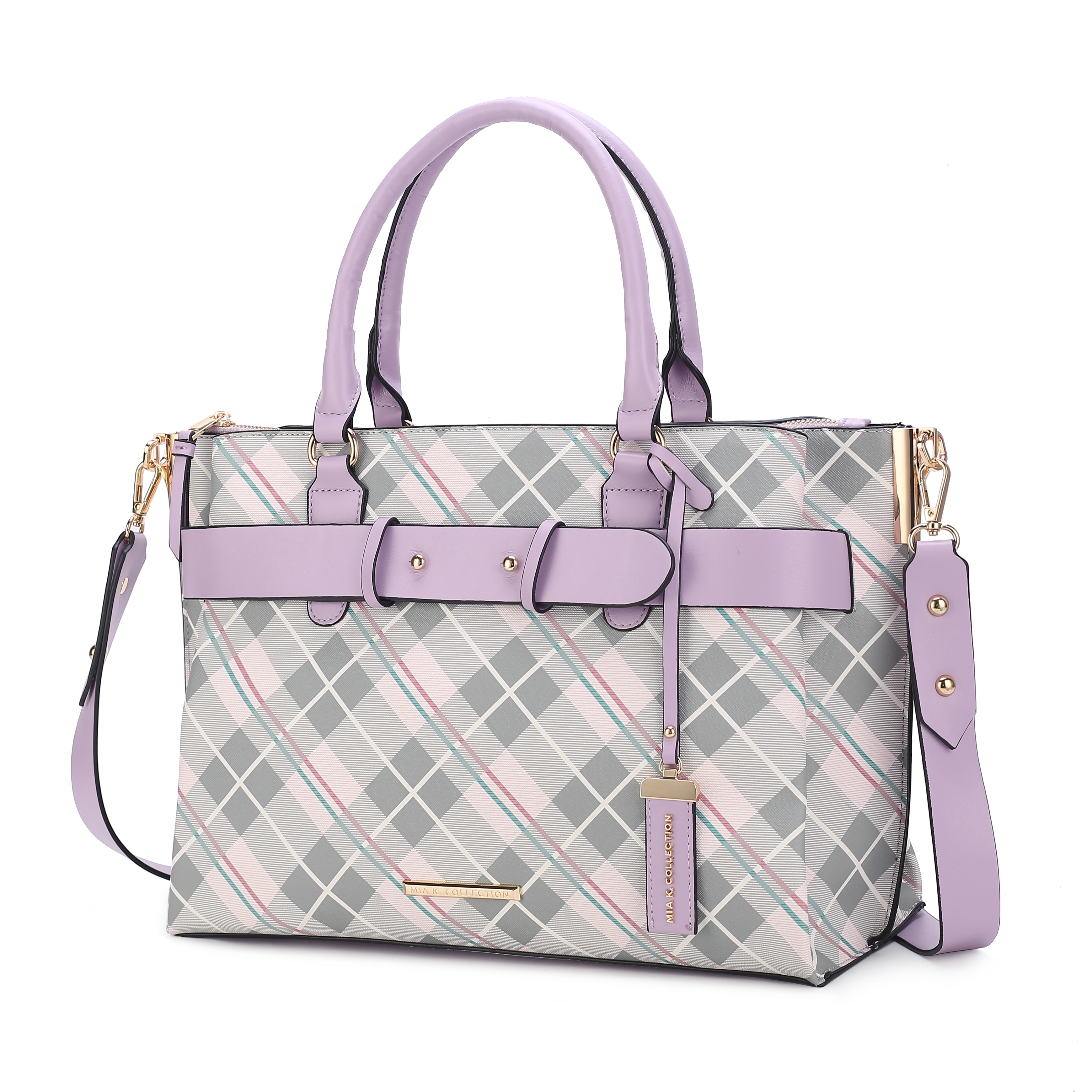 A plaid satchel handbag with lavender accents, featuring dual handles and a detachable shoulder strap.