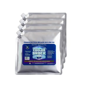 Four stacked, reusable Cooler Shock ice packs, labeled for cooling effectiveness and durability.