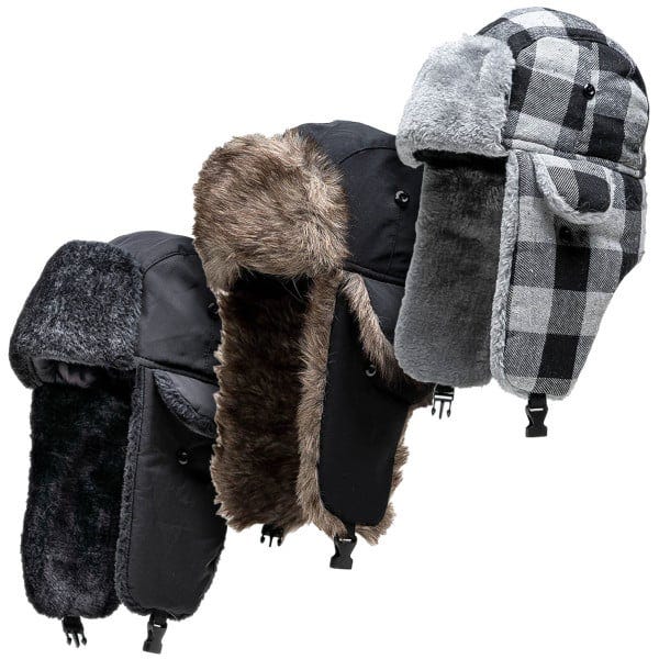Three winter trapper hats are shown, each with ear flaps and faux fur lining. The designs include solid black, black with brown fur, and a black-and-white plaid pattern.