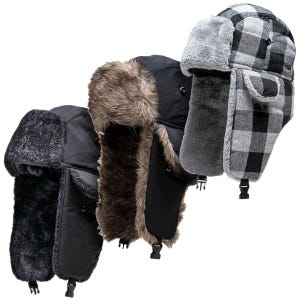 Three winter trapper hats are shown, each with ear flaps and faux fur lining. The designs include solid black, black with brown fur, and a black-and-white plaid pattern.