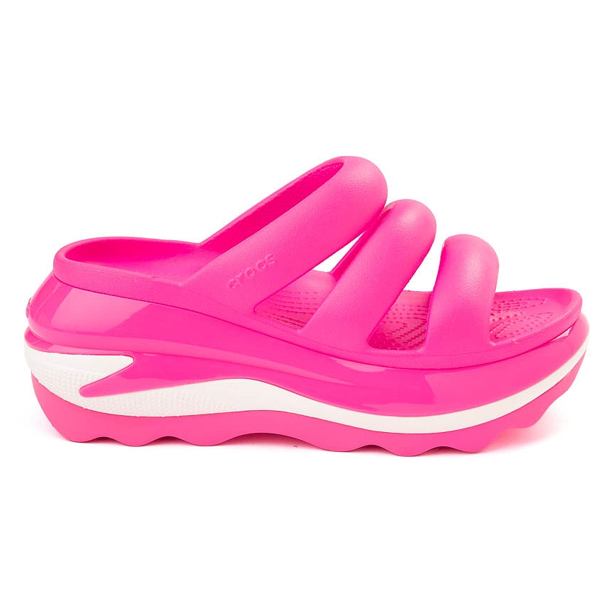Bright pink Crocs Mega Crush Triple Strap Sandal with a chunky platform and three wide straps, featuring cushioned footbed and textured sole for added grip.