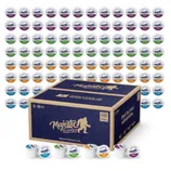 Majestic Blends coffee pods in various flavors are displayed, featuring a large box labeled \“100 pods\“ and several pods shown in the foreground.