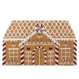 A doormat designed to resemble a gingerbread house, featuring decorative white icing patterns and red stripes.