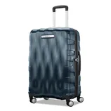 A dark blue hardshell suitcase with a textured design, extendable handle, and four wheels for easy mobility.