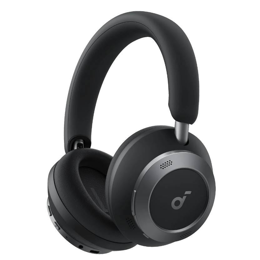 Wireless over-ear headphones with a sleek black design and noise-canceling feature, featuring a recognizable logo on the ear cups.