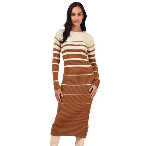 A woman is wearing a long-sleeve knit midi dress with horizontal stripes in shades of cream and brown.