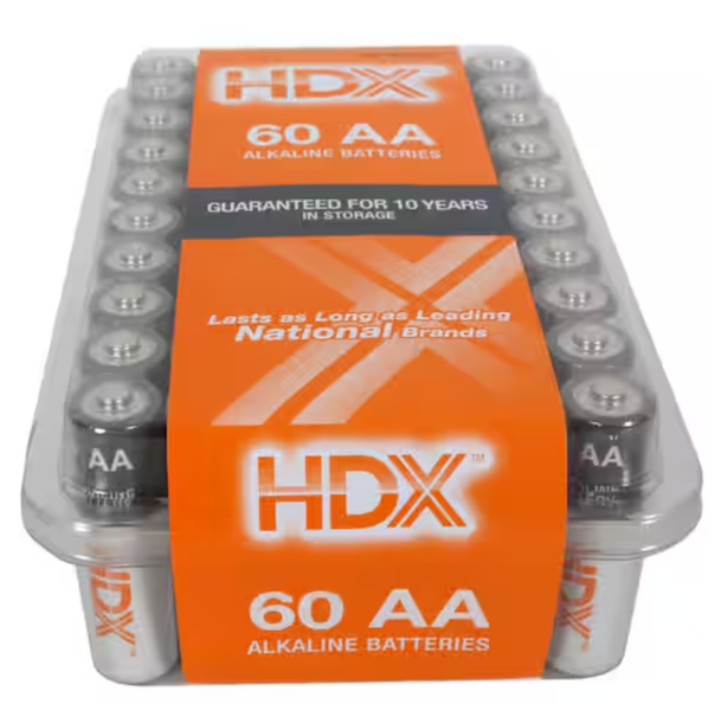 HDX 60-pack AA alkaline batteries come in a clear plastic tray with an orange label. They are guaranteed for 10 years in storage and claim to last as long as leading national brands.