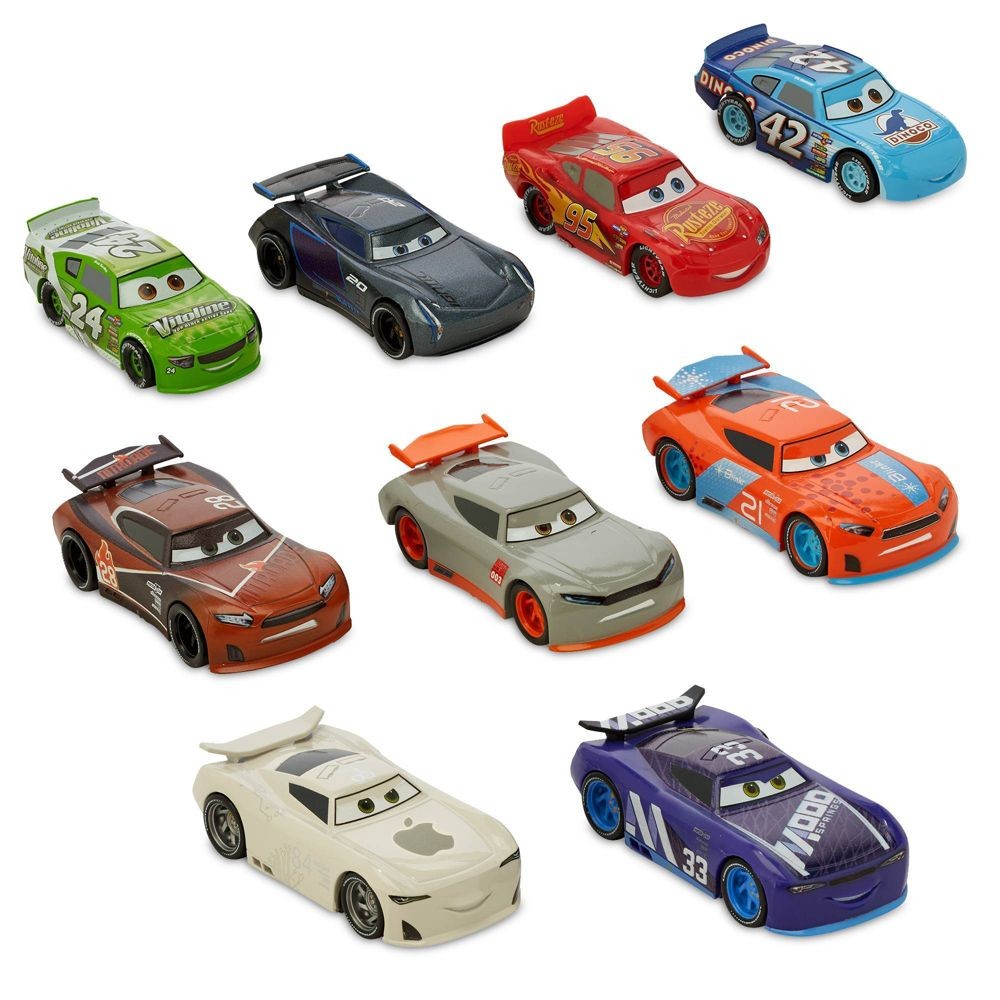 A set of nine toy cars from the \“Cars\“ movie series, featuring characters with different colors and designs, including red, blue, green, orange, and white, each with distinctive facial expressions and decals.