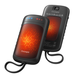 Rechargeable hand warmers with a textured design, LED indicators, and rubberized edges, branded \“Ocoopa\“.