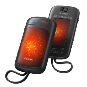 Rechargeable hand warmers with a textured design, LED indicators, and rubberized edges, branded \“Ocoopa\“.