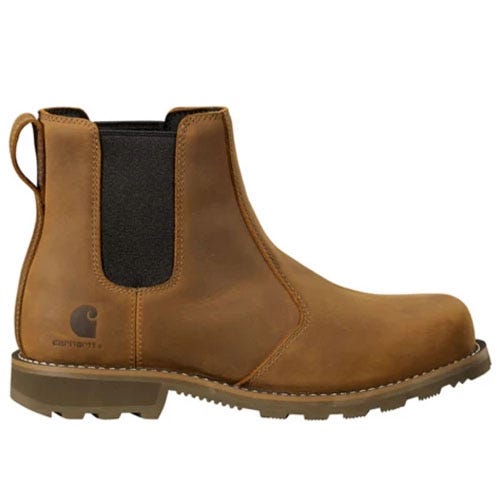 A brown Chelsea work boot with pull tabs, rubber sole, and elastic side panels, featuring a logo on the heel.