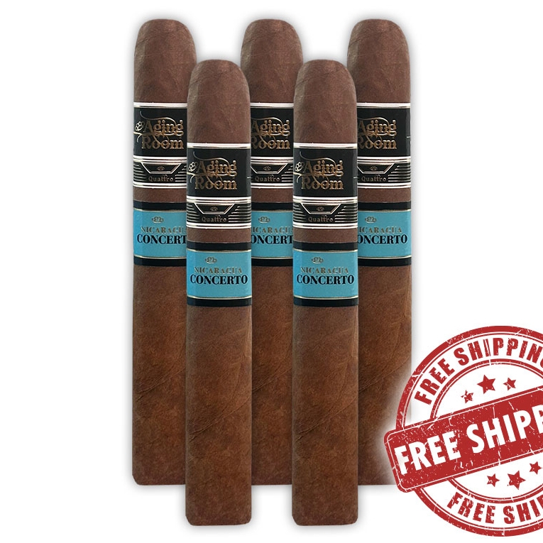 A pack of five Aging Room Quattro Nicaragua Concerto cigars with a \“Free Shipping\“ stamp.