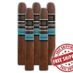 A pack of five Aging Room Quattro Nicaragua Concerto cigars with a \“Free Shipping\“ stamp.