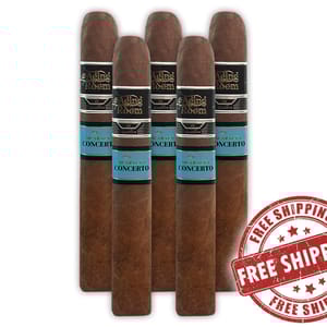 A pack of five Aging Room Quattro Nicaragua Concerto cigars with a \“Free Shipping\“ stamp.