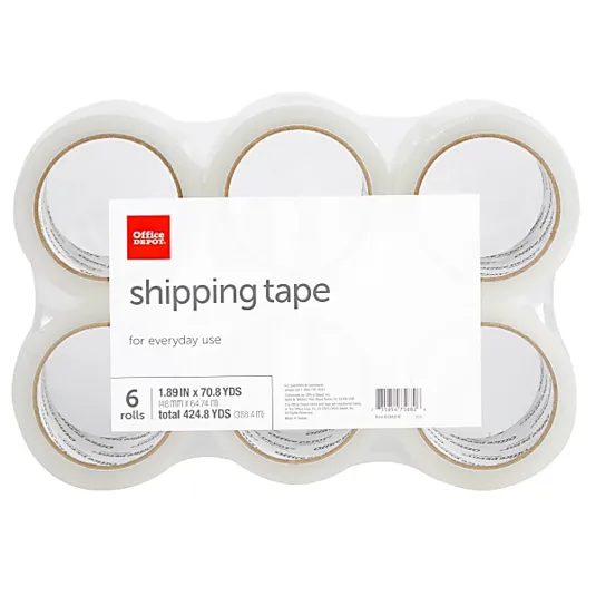 Pack of 6 rolls of Office Depot shipping tape, measuring 1.89 inches by 70.8 yards each, total 424.8 yards.