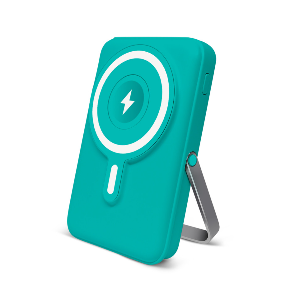 A teal wireless charger with a MagSafe-like design includes a foldable stand.