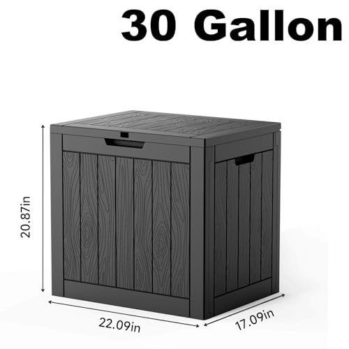 A 30-gallon storage box with dimensions: 22.09 inches width, 17.09 inches depth, and 20.87 inches height. It features a wood-like exterior design.