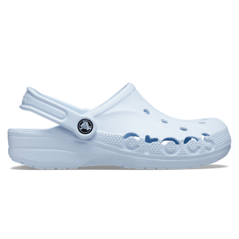A light blue Crocs clog featuring ventilation holes, an adjustable heel strap, and embossed \“Crocs\“ lettering on the side.