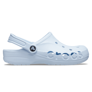 A light blue Crocs clog featuring ventilation holes, an adjustable heel strap, and embossed \“Crocs\“ lettering on the side.