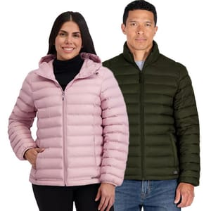 A man and a woman are wearing puffer jackets; the woman in a light pink hooded jacket and the man in a dark green jacket without a hood.