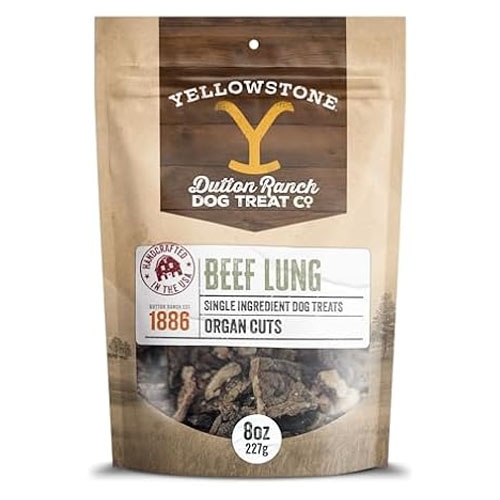 Yellowstone Dutton Ranch Dog Treat Co. offers 8 oz (227g) of beef lung dog treats, described as single ingredient organ cuts, handcrafted since 1886.