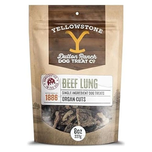Yellowstone Dutton Ranch Dog Treat Co. offers 8 oz (227g) of beef lung dog treats, described as single ingredient organ cuts, handcrafted since 1886.