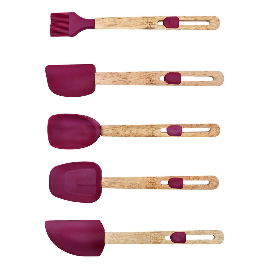 A set of five wooden-handled, maroon silicone kitchen utensils, including a brush and various spatulas.