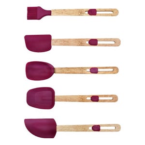 A set of five wooden-handled, maroon silicone kitchen utensils, including a brush and various spatulas.