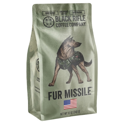 Black Rifle Coffee Company's Fur Missile medium roast ground coffee, 12 oz, features an image of a military dog and an American flag on the packaging.