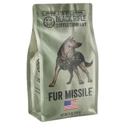Black Rifle Coffee Company's Fur Missile medium roast ground coffee, 12 oz, features an image of a military dog and an American flag on the packaging.