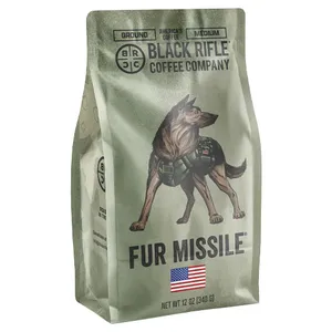 Black Rifle Coffee Company's Fur Missile medium roast ground coffee, 12 oz, features an image of a military dog and an American flag on the packaging.