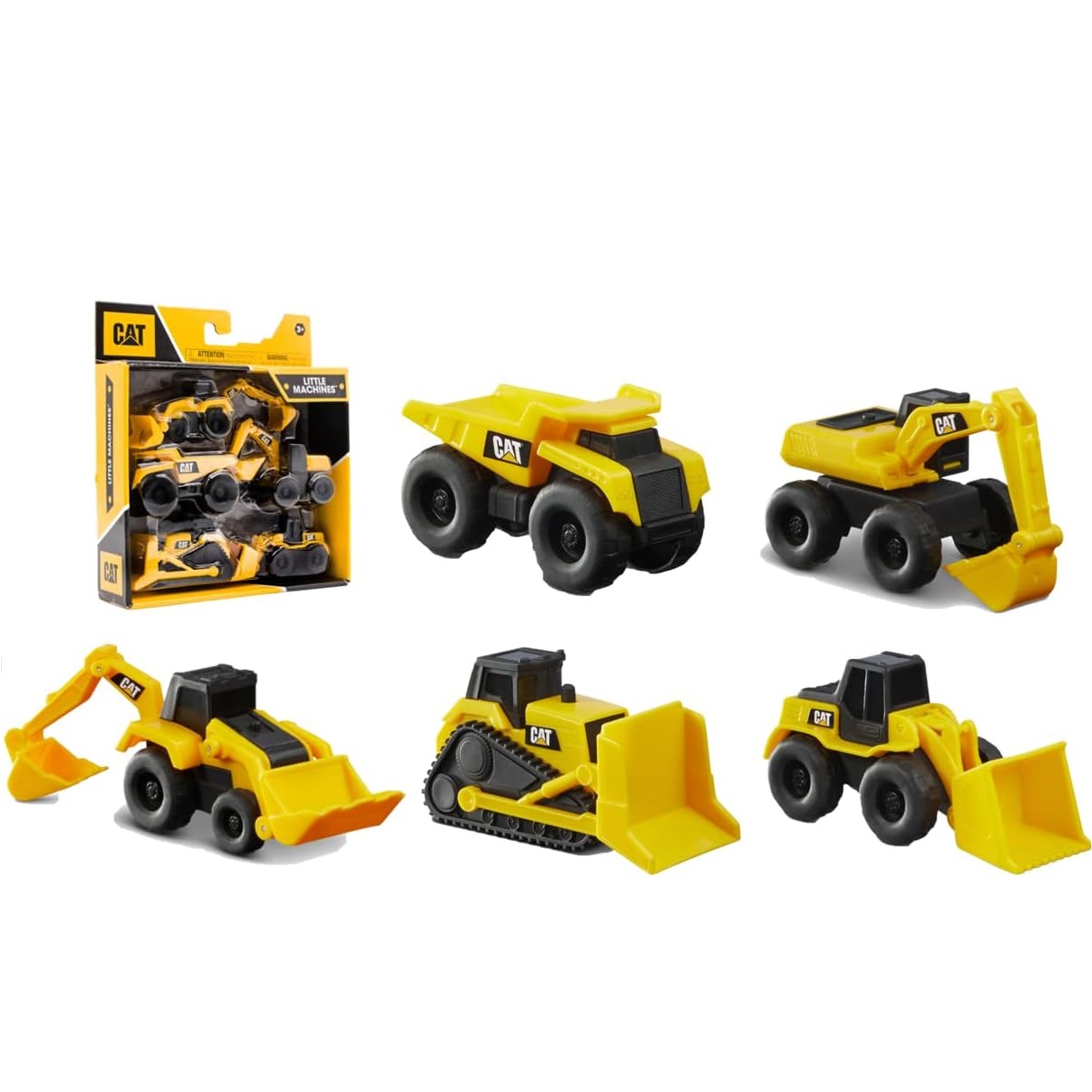 Five CAT toy construction vehicles including a dump truck, wheel loader, and excavator.