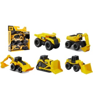Five CAT toy construction vehicles including a dump truck, wheel loader, and excavator.