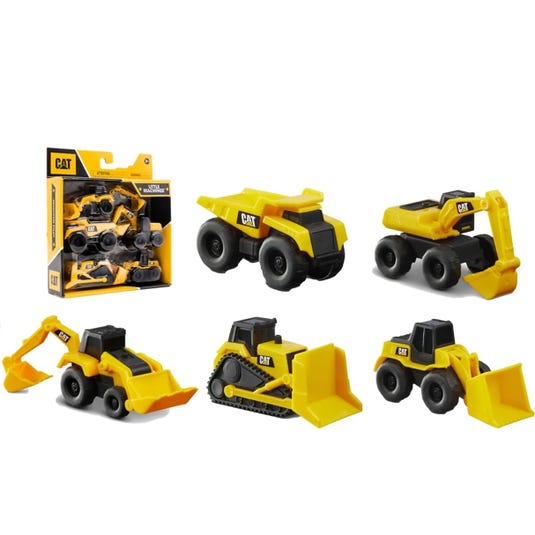Five CAT toy construction vehicles including a dump truck, wheel loader, and excavator.