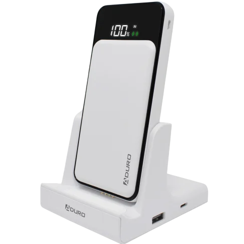 Aduro power bank with wireless charging and LED display, placed on a charging dock.