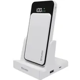 Aduro power bank with wireless charging and LED display, placed on a charging dock.