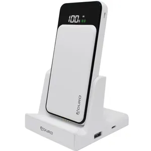 Aduro power bank with wireless charging and LED display, placed on a charging dock.