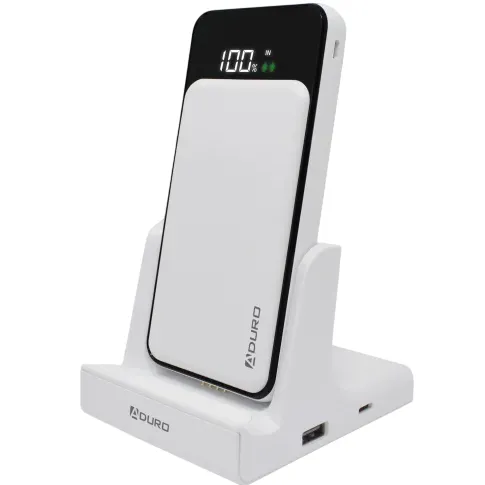 Aduro power bank with wireless charging and LED display, placed on a charging dock.