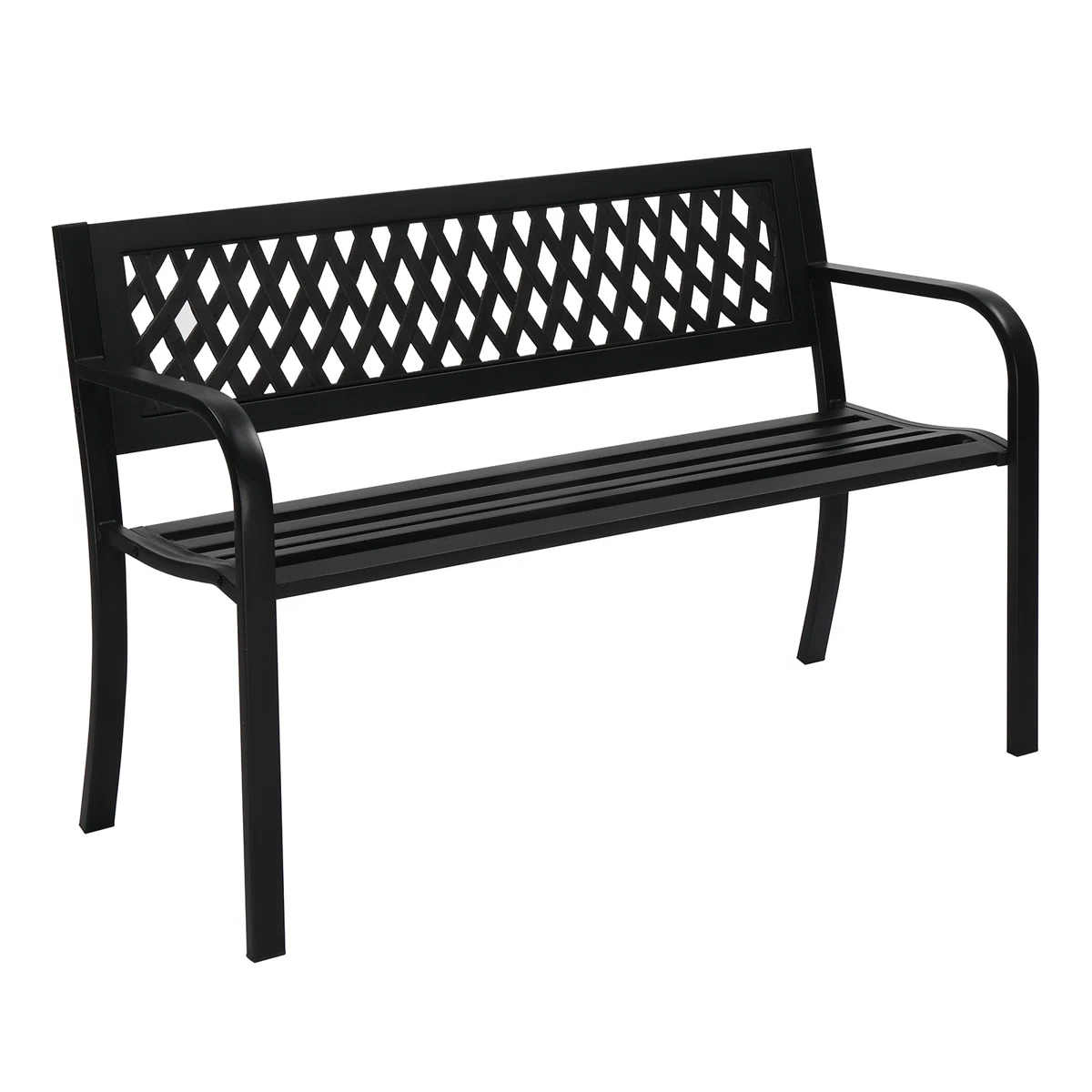 A black metal bench with a decorative lattice backrest and simple armrests.