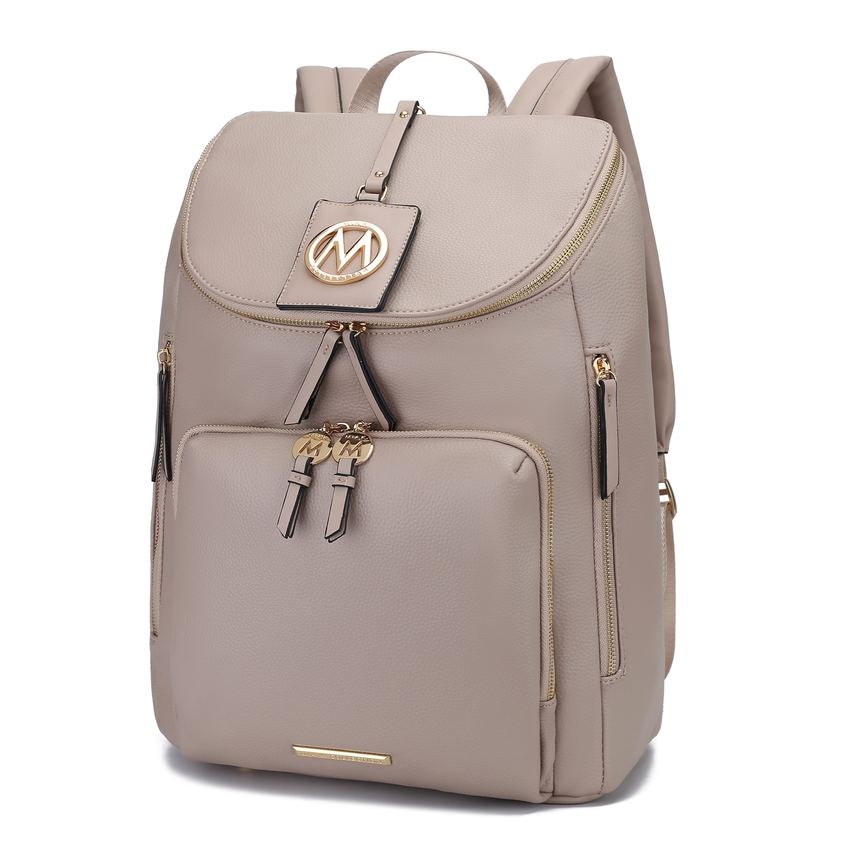 A beige leather backpack with gold zippers and accents, featuring a front pocket and adjustable straps.