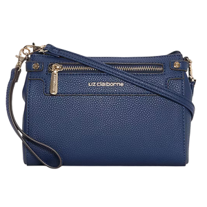Blue Liz Claiborne crossbody bag with zipper closures and a detachable strap.