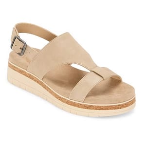 Beige platform sandal with a cork-like midsole, featuring a thick cross strap design, an open toe, and an adjustable ankle strap with a buckle.