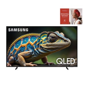 A Samsung QLED television displaying a colorful chameleon, accompanied by an offer card for streaming services.