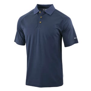 A navy blue short-sleeve polo shirt with a three-button placket and collar, featuring a small logo on the sleeve.