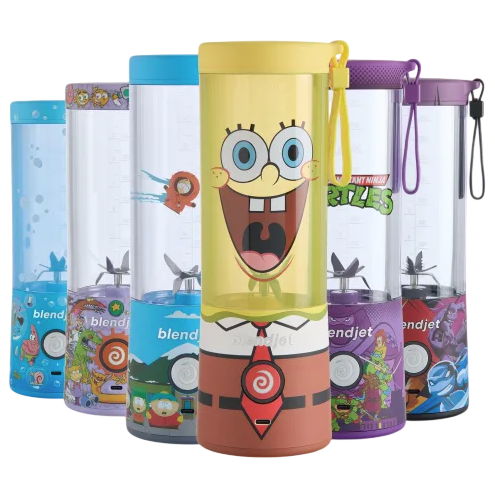 Portable blenders featuring colorful designs of popular cartoon characters, including a yellow one with a smiling face resembling a sponge, alongside others with blue, purple, and red accents, each with themed graphics.