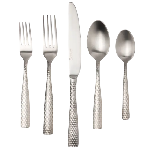 A set of five stainless steel utensils with textured handles, including two forks, a knife, a tablespoon, and a teaspoon.