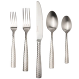 A set of five stainless steel utensils with textured handles, including two forks, a knife, a tablespoon, and a teaspoon.