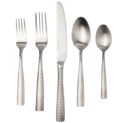 A set of five stainless steel utensils with textured handles, including two forks, a knife, a tablespoon, and a teaspoon.