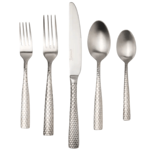 A set of five stainless steel utensils with textured handles, including two forks, a knife, a tablespoon, and a teaspoon.
