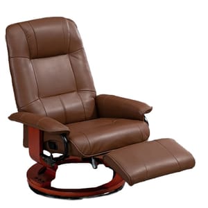 Brown faux leather recliner with padded seating, armrests, a high backrest, and an extendable footrest. It features a swivel base designed to provide both comfort and style.